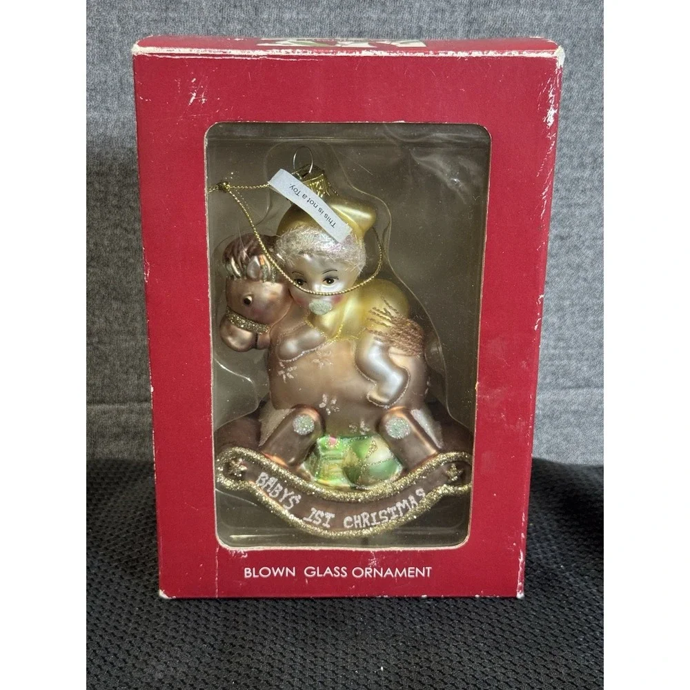 Vintage Home Accent 5in Blown Glass Babys 1st Christmas Rocking Horse Ornament‎